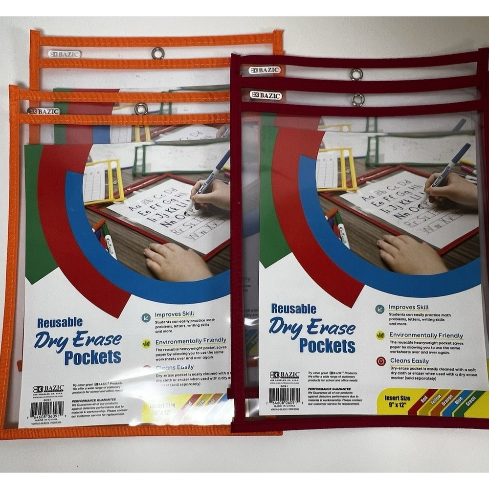 4‑Pack Bazic Dry Erase Pockets 9"x12" — Orange/Red Reusable Sleeves, New